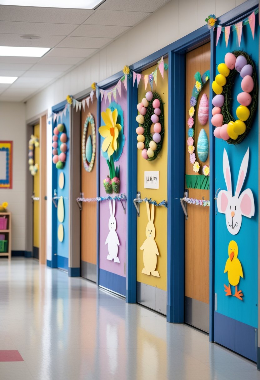 Three preschool classroom doors decorated with colorful Easter-themed decorations including bunnies, eggs, flowers, and chicks in a bright hallway.