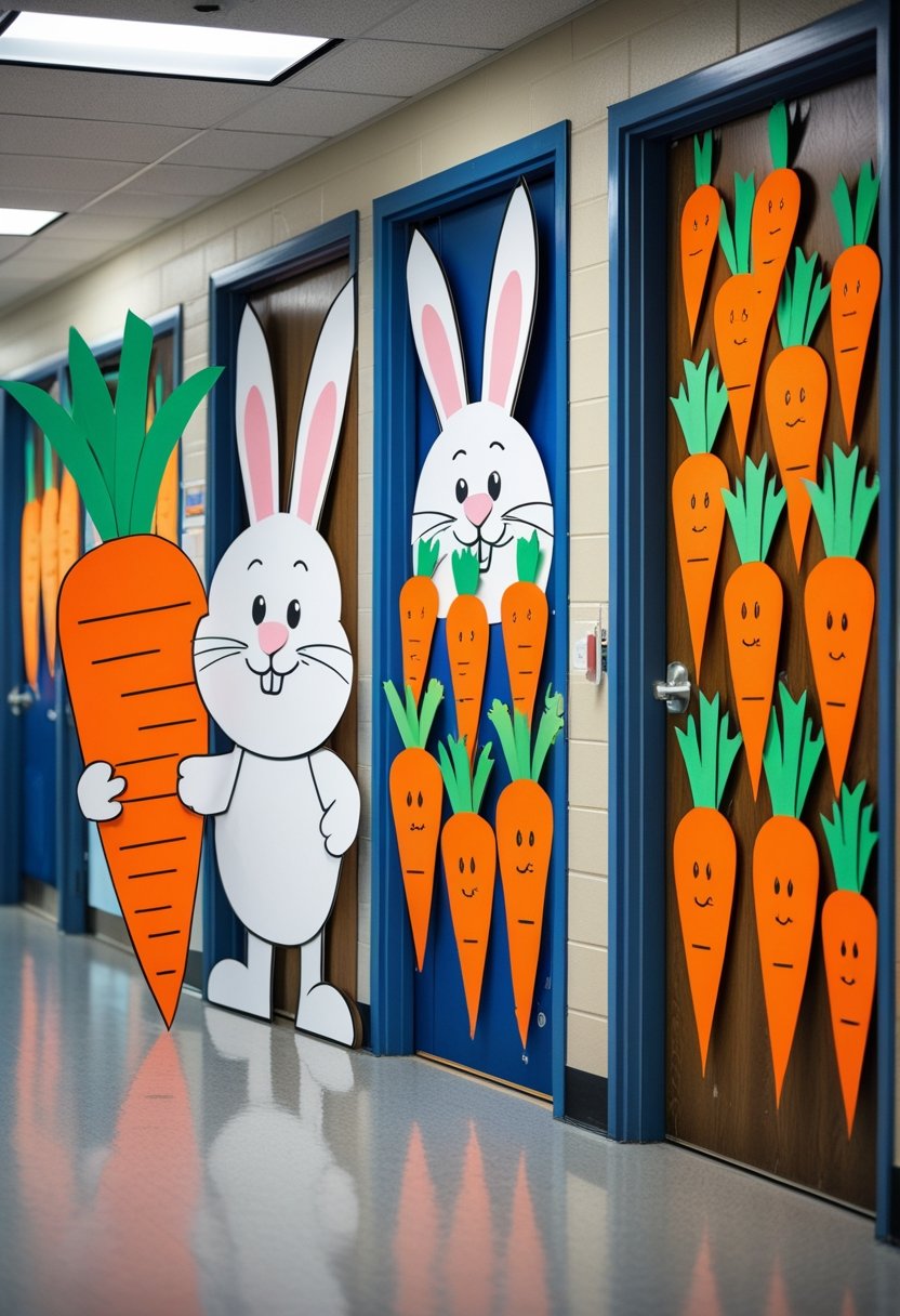 Three preschool classroom doors decorated with Easter bunnies and carrots in a school hallway.