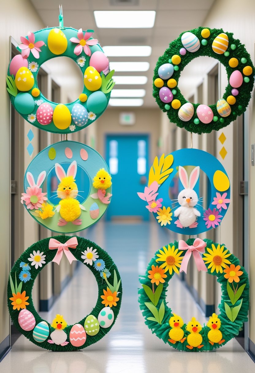 A row of colorful Easter wreaths decorated with eggs, bunnies, chicks, and flowers hanging on preschool classroom doors.