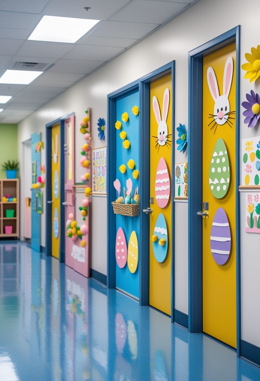 A preschool hallway with three classroom doors decorated with colorful Easter-themed decorations including eggs, bunnies, and flowers.