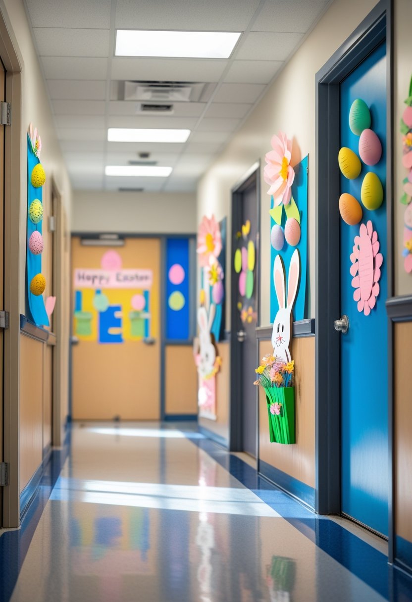 A preschool hallway with three classroom doors decorated with colorful Easter-themed decorations including paper eggs, bunnies, and spring flowers.