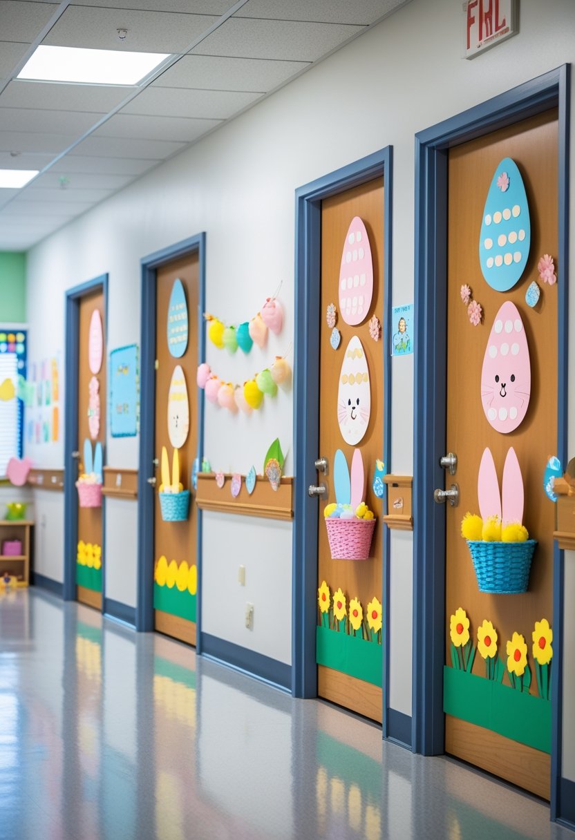 Three preschool classroom doors decorated with colorful Easter-themed decorations including eggs, bunnies, and flowers in a bright hallway.