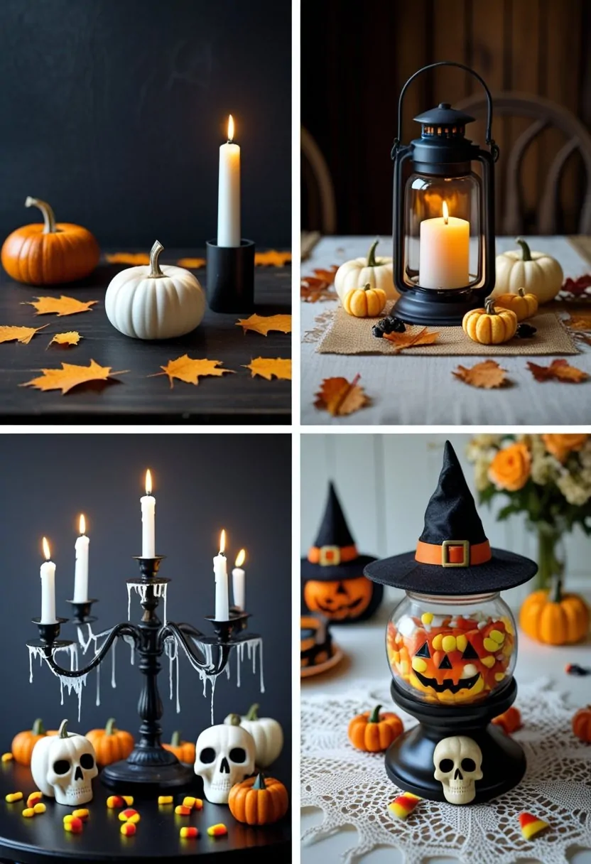 A collage of four Halloween-themed table centerpieces including a minimalist pumpkin and candle, a rustic lantern with dried decorations, a gothic candelabra with skulls and roses, and a whimsical jar with candy and a small pumpkin.
