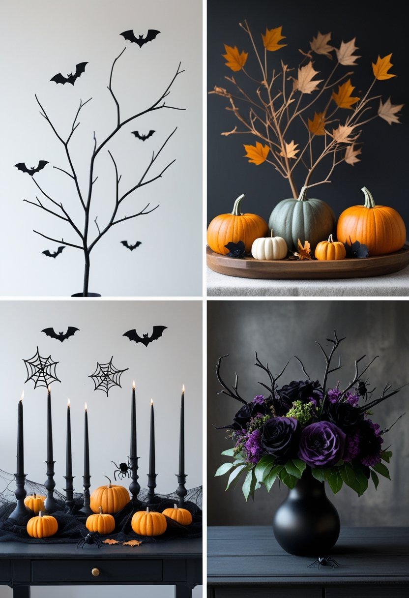 A collage of four Halloween-themed table centerpieces including black bat branches, pumpkins with autumn leaves, black candles with spider webs, and dark floral arrangements.