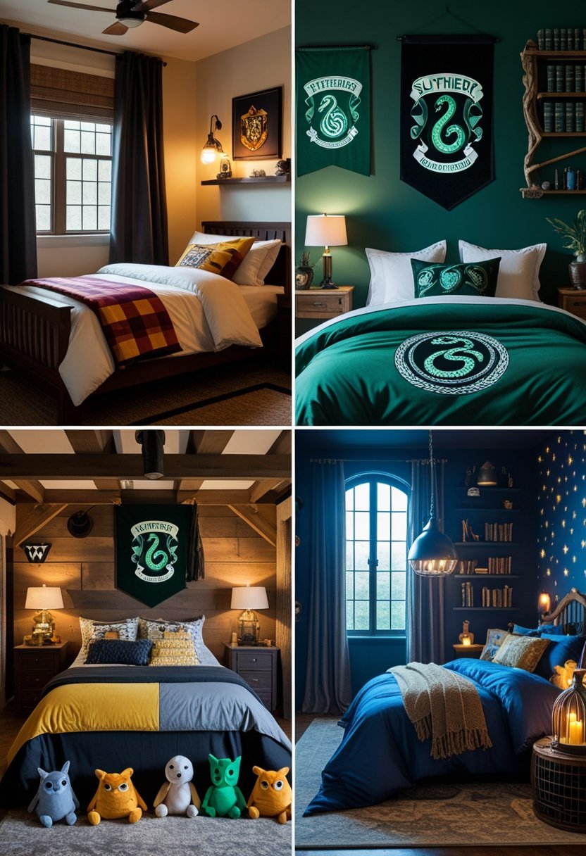 A collage of four Harry Potter-themed bedrooms, each decorated to represent a different Hogwarts house with themed bedding, furniture, and magical decor.