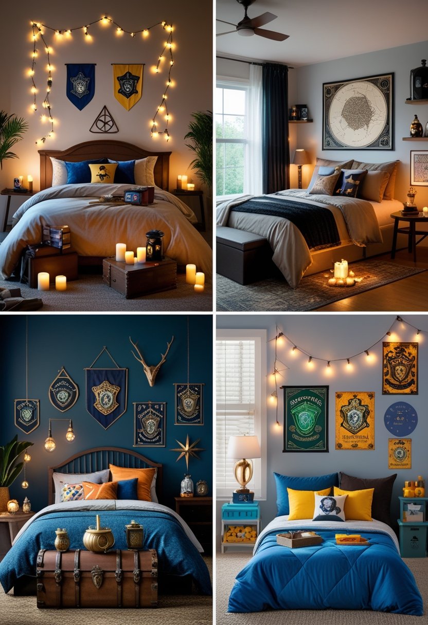 A collage of four different Harry Potter-themed bedrooms, each with unique decorations, furniture, and magical elements inspired by the wizarding world.