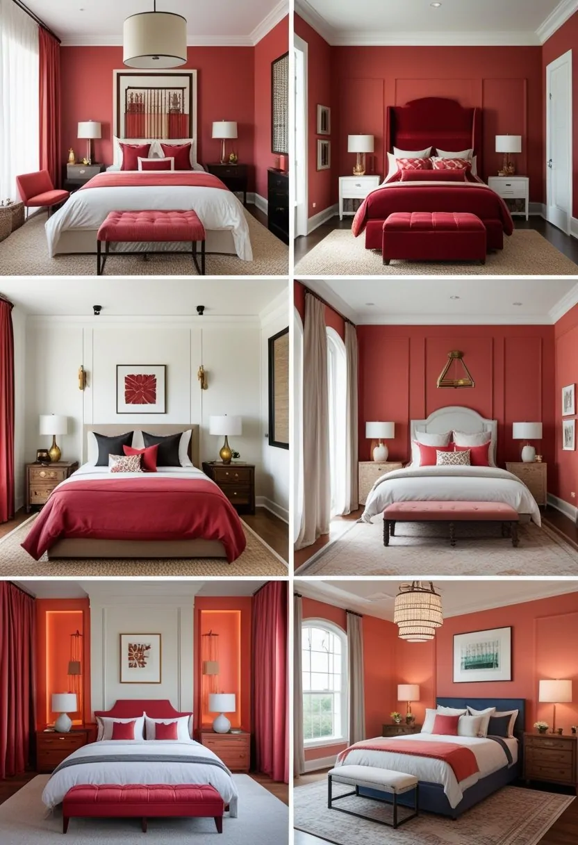 A collage of five bedrooms, each decorated with different shades of red and various furniture and decor.
