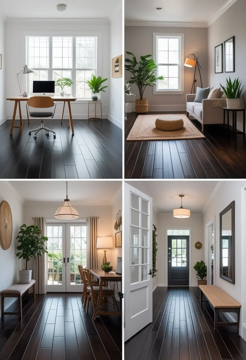 A collage of four home interiors featuring dark-stained wooden floors, including a bright office, a living room, a dining area, and an entryway.