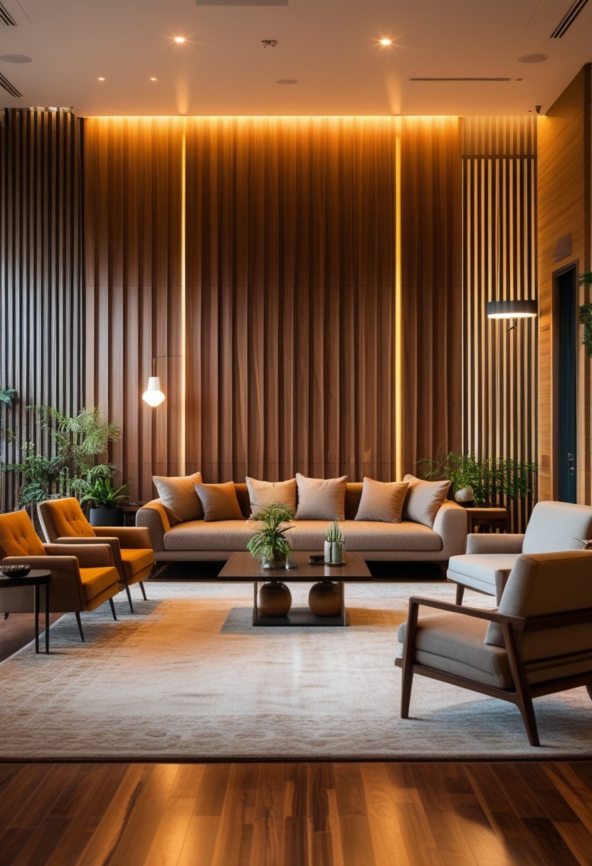 A lounge with comfortable seating and a wall with vertical panels under warm lighting.