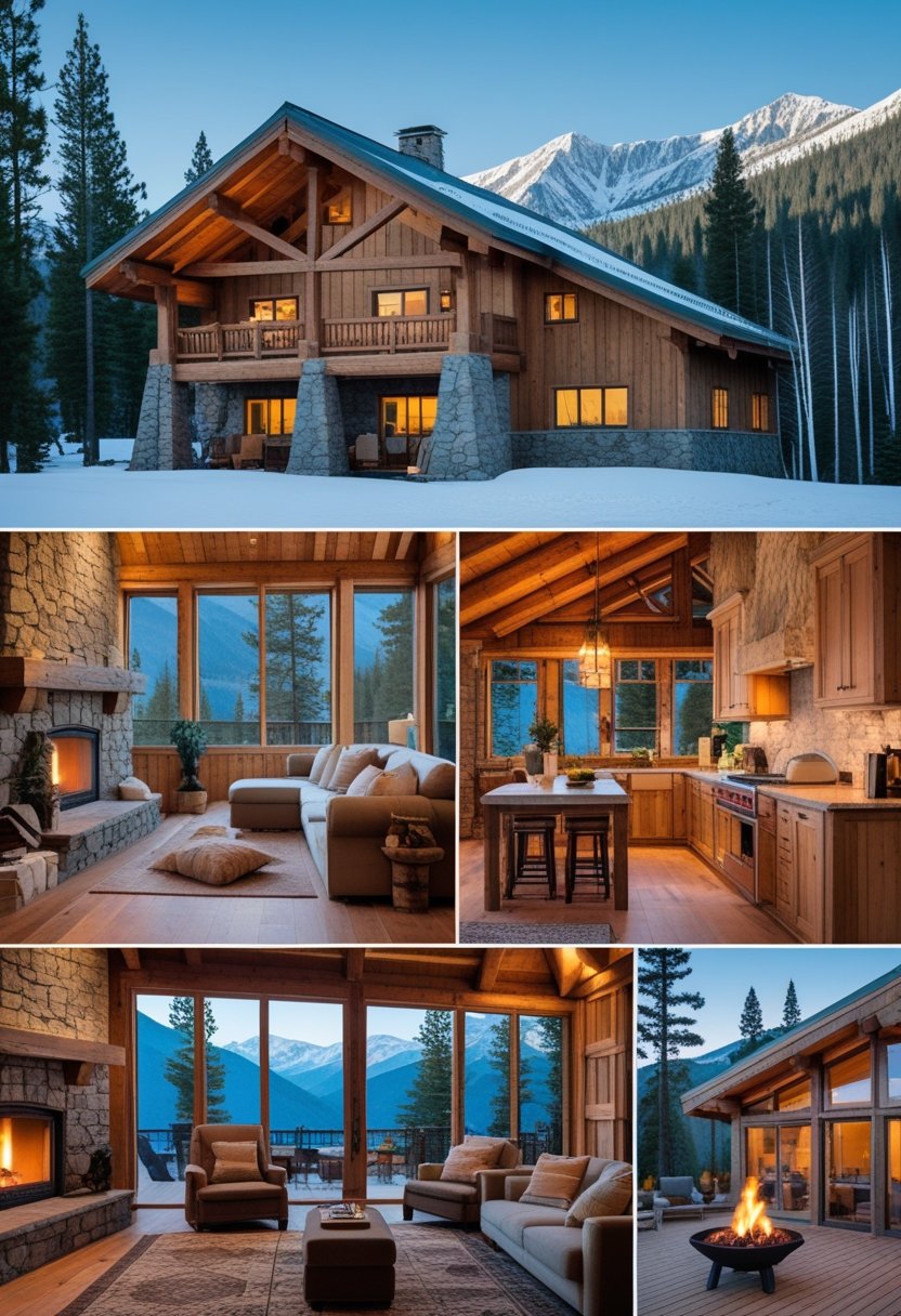 A collage showing a wooden mountain cabin surrounded by pine trees and snow-covered mountains, with cozy interiors featuring a fireplace, comfortable seating, large windows, and an outdoor deck with a fire pit.