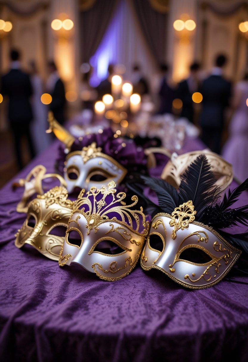 A close-up of elegant gold-decorated masquerade masks displayed on a velvet surface with blurred party guests in the background.