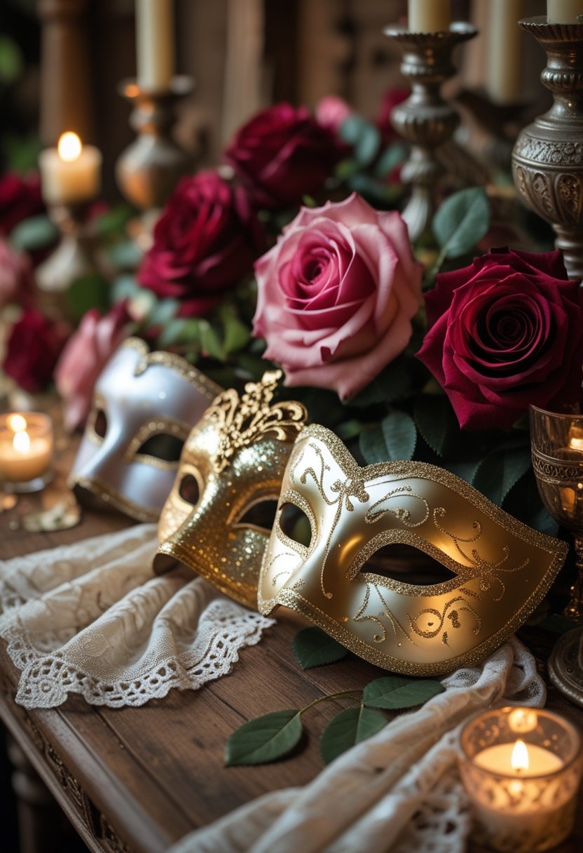A close-up view of gold masquerade masks arranged with red and pink roses and vintage decorative items on a wooden surface.