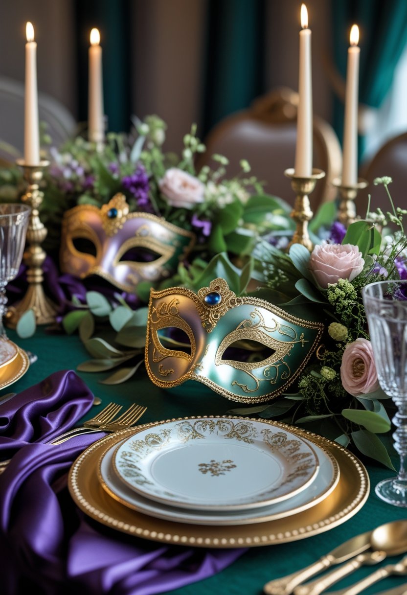 A table set for a party with elegant gold-decorated masquerade masks, candles, glassware, and floral arrangements.