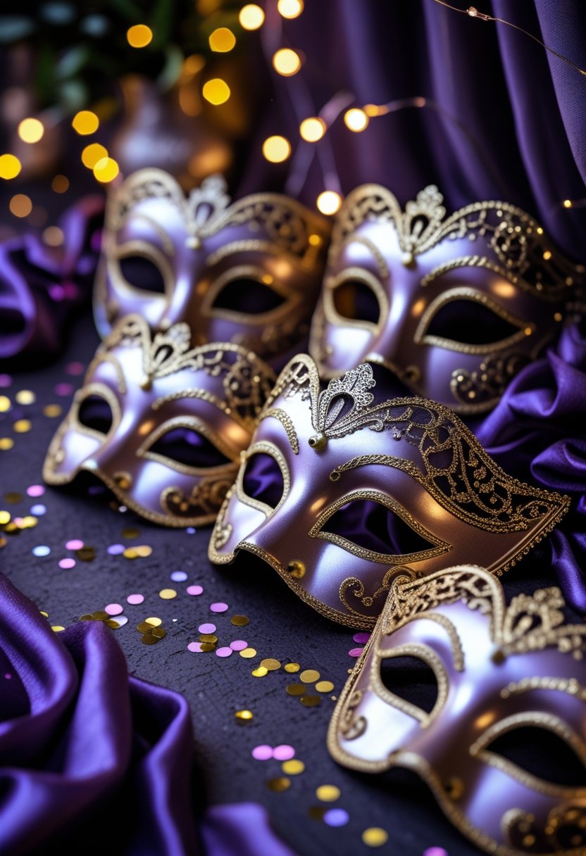 Close-up of several elegant gold-decorated masquerade masks arranged on a textured surface with soft glowing lights in the background.