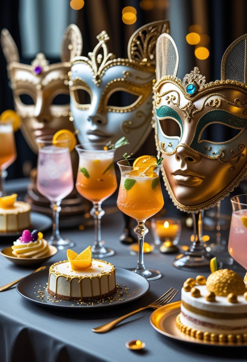 A table set with elegant gold-decorated masquerade masks, colorful cocktails, and beautifully decorated cakes and pastries.