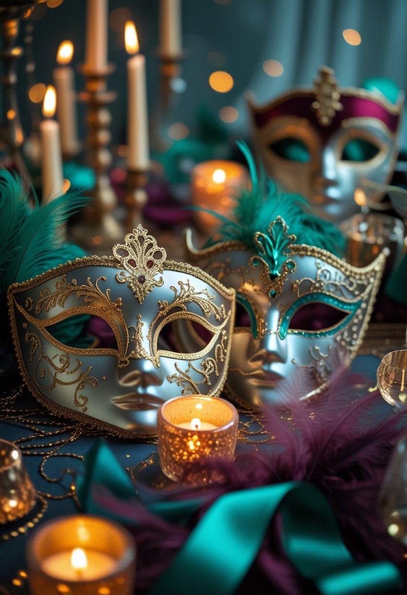 A close-up of elegant masquerade masks decorated with gold accents displayed on a table with candles and festive decorations.