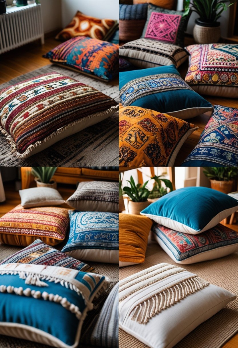 A collage of colorful floor pillows arranged in a cozy living room with wooden floors, a rug, and plants.