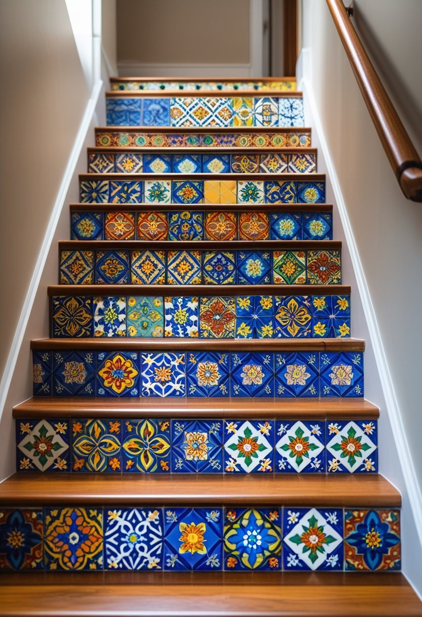 An indoor staircase with colorful patterned tiles on the risers and wooden steps.