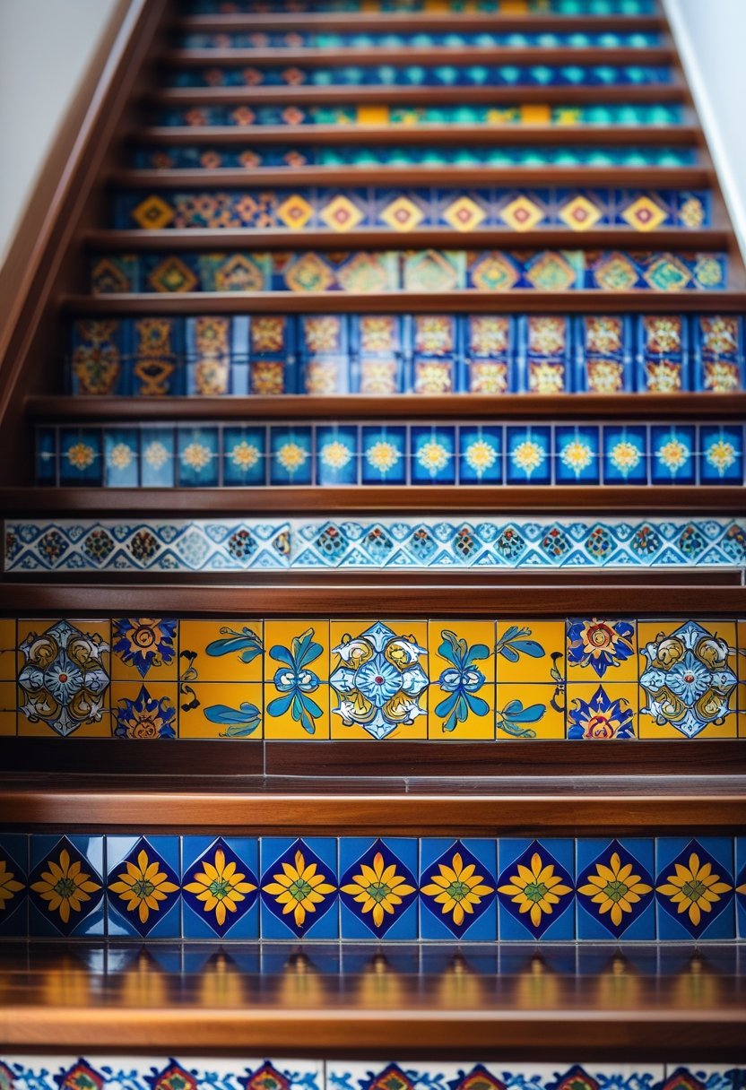 A staircase with colorful patterned tiles on each step riser.