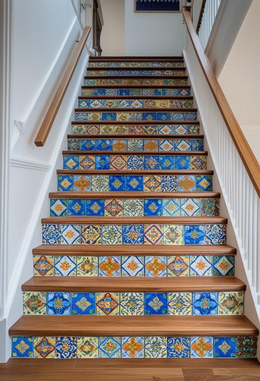A staircase with wooden steps and white sides, each riser decorated with colorful patterned tiles.