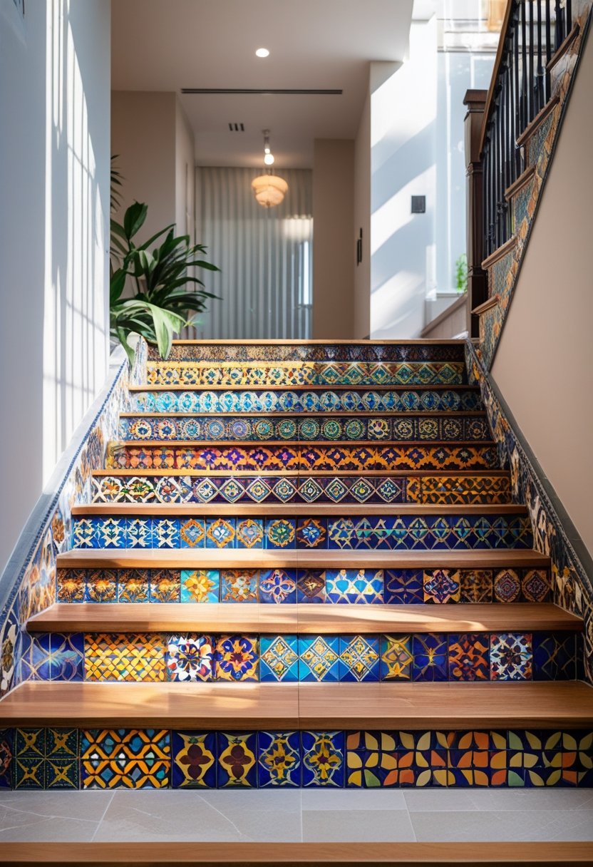 A beautifully decorated indoor staircase with colorful patterned tiles on each riser.