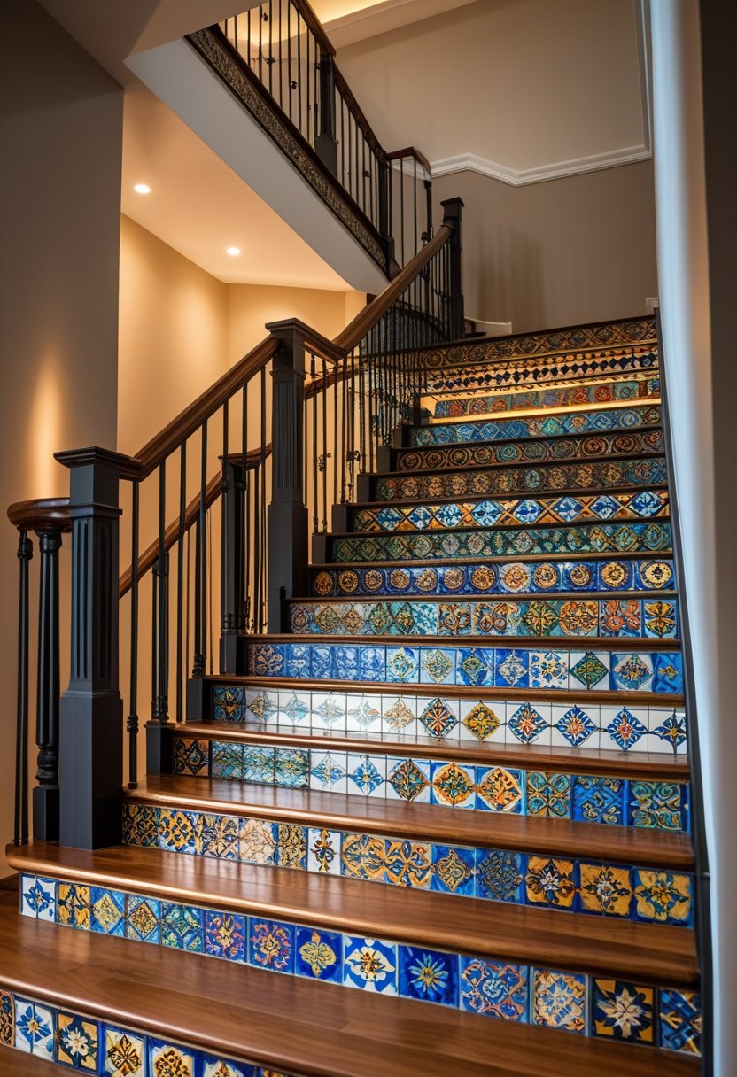 A decorated indoor staircase with colorful patterned tiles on the risers and wooden steps under warm lighting.