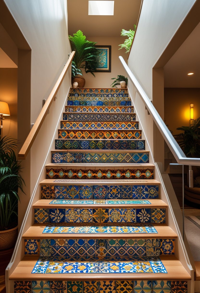 An indoor staircase with colorful patterned tiles on the risers and wooden steps in a well-decorated room.