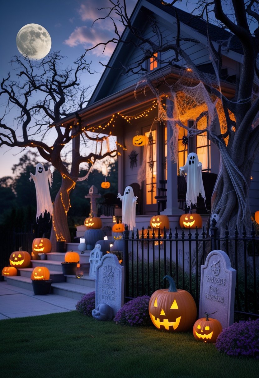 A collage of various outdoor Halloween decorations including glowing jack-o'-lanterns, hanging ghosts, cobweb-covered trees, tombstones, lanterns, and string lights under a cloudy night sky with a full moon.