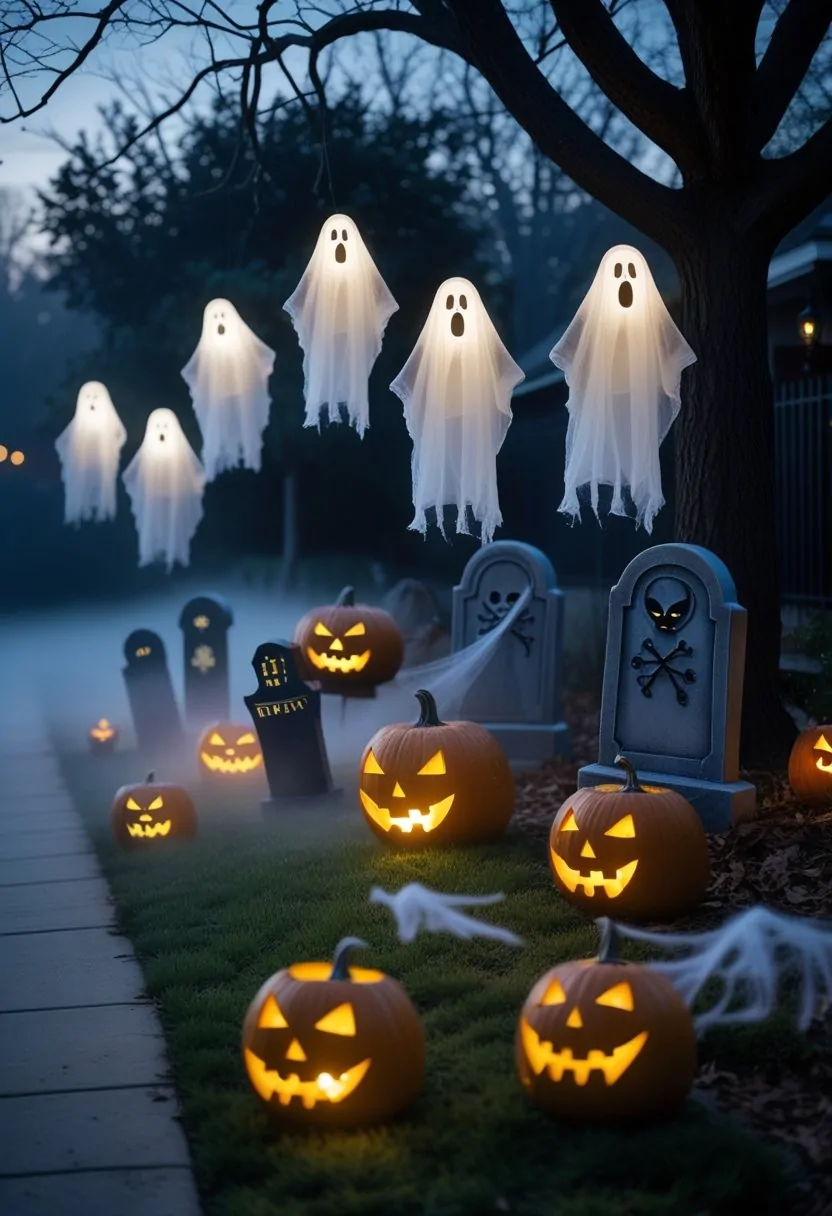 Outdoor Halloween decorations including glowing ghost figures, carved pumpkins, tombstones, a skeletal hand, hanging bats, and lanterns in a spooky yard at dusk.