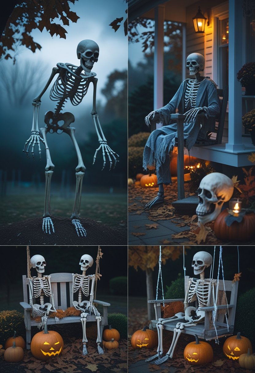 A collage of outdoor Halloween decorations featuring skeleton figures, skulls, and spooky elements arranged in a garden and porch setting during evening.