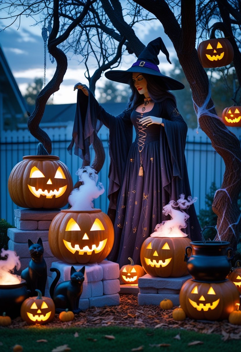 Outdoor Halloween decorations featuring a witch figure, glowing jack-o'-lanterns, cobweb-covered trees, ghost ornaments, lanterns, and pumpkins in a garden setting at twilight.