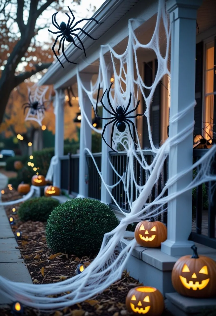 A collage of outdoor Halloween decorations featuring large spiders and cobwebs on bushes and trees, with pumpkins and lanterns nearby.