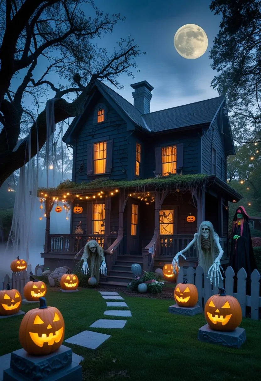 A haunted house decorated with glowing jack-o'-lanterns, tombstones, cobwebs, and spooky lighting effects under a full moon in a twilight sky.