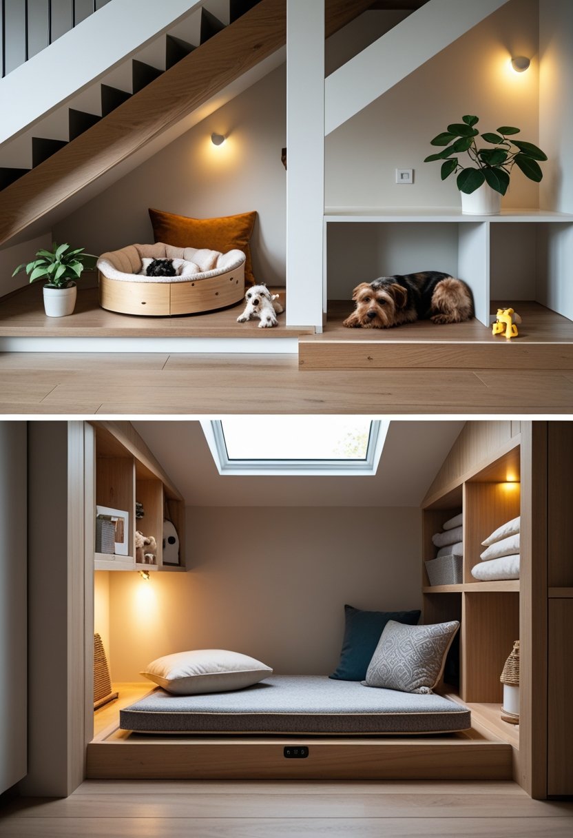 A collage showing two cozy pet room setups under staircases, featuring pet beds, cushions, toys, and shelves with pet supplies.
