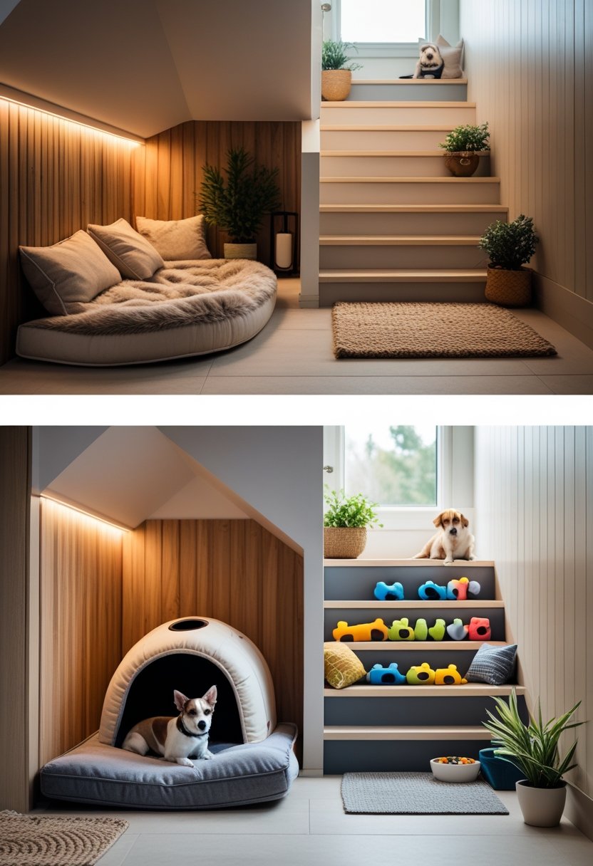 A collage showing two cozy pet rooms built under stairs, each with a pet bed, toys, and decorative plants.
