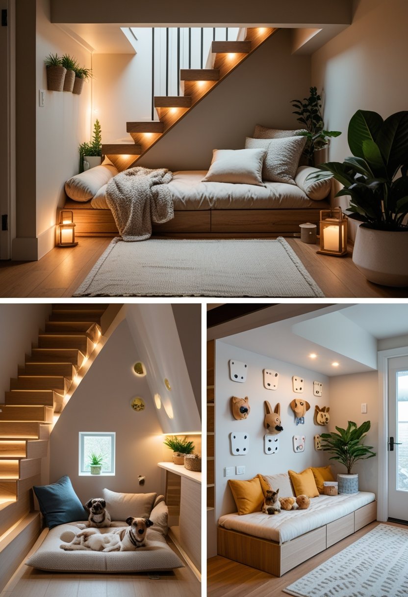 A collage showing two cozy dog house setups built under staircases, each with comfortable beds and pet accessories.