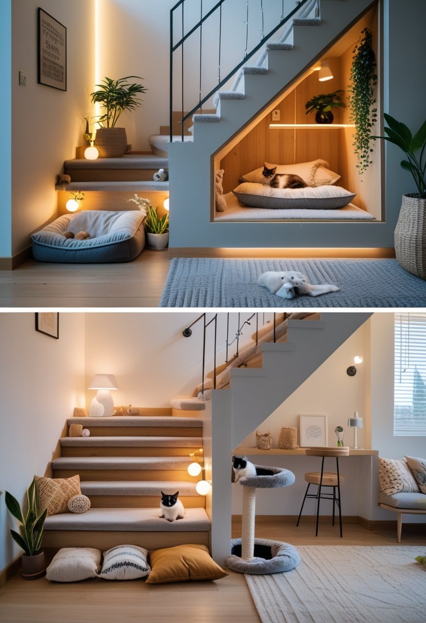A collage showing two cozy pet rooms built under staircases, one with a dog bed and plants, the other with a cat tree and blankets.