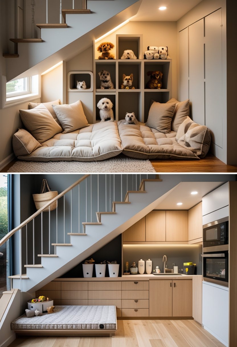 A collage of two cozy and organized pet rooms built under staircases, each featuring pet beds, storage shelves, and pet supplies.