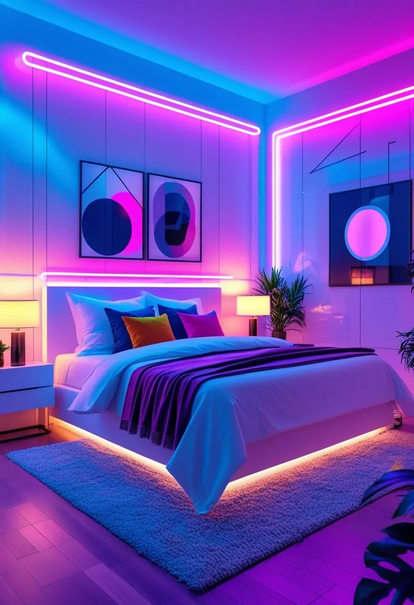 A brightly lit bedroom with a large bed, colorful pillows, nightstands with lamps, artwork on the walls, and plants.
