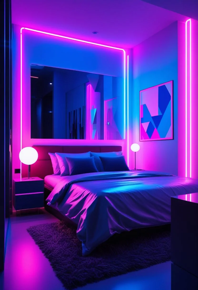 A bedroom with a modern bed illuminated by colorful neon lights and contemporary furniture.