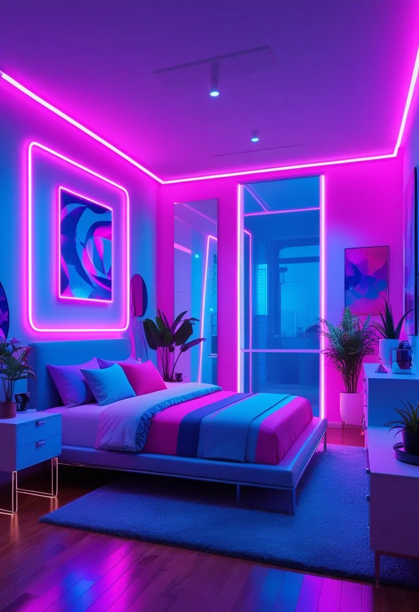 A bedroom with a bed, nightstand, dresser, and colorful neon lighting illuminating the room.