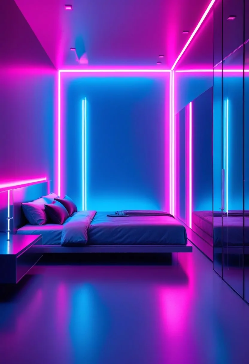 A bedroom with a bed surrounded by colorful neon lights illuminating the walls and furniture.