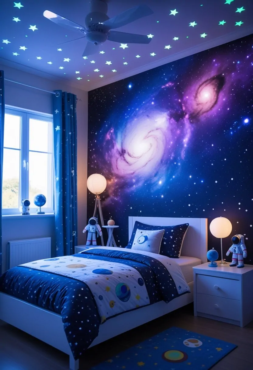 A children's bedroom with a large galaxy mural on the wall, space-themed bedding, and decorations including astronaut toys and planet pillows.