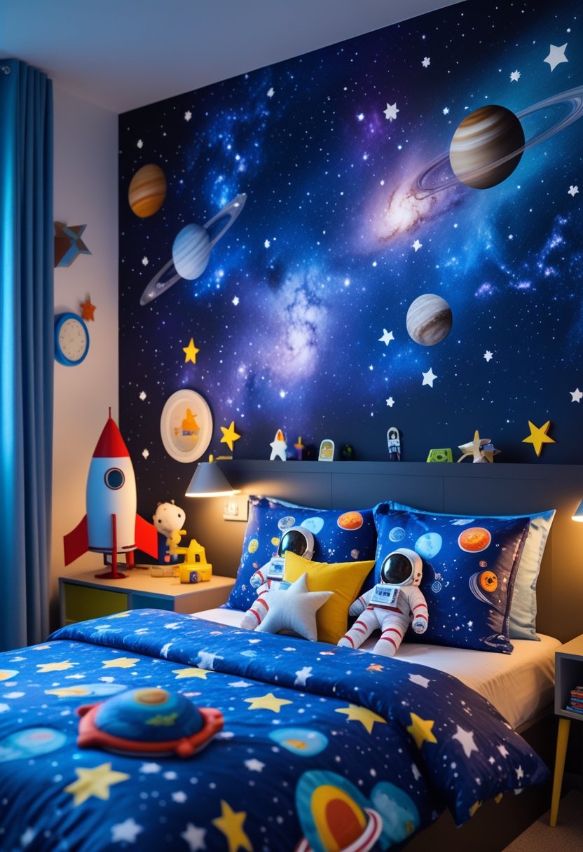 A children's bedroom decorated with galaxy wall murals, astronaut bedding, and a model rocket on a shelf.