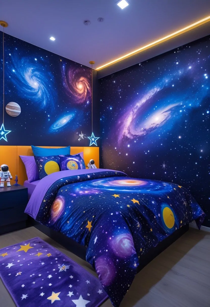 A children's bedroom decorated with galaxy-themed bedding and wall murals featuring stars and planets.