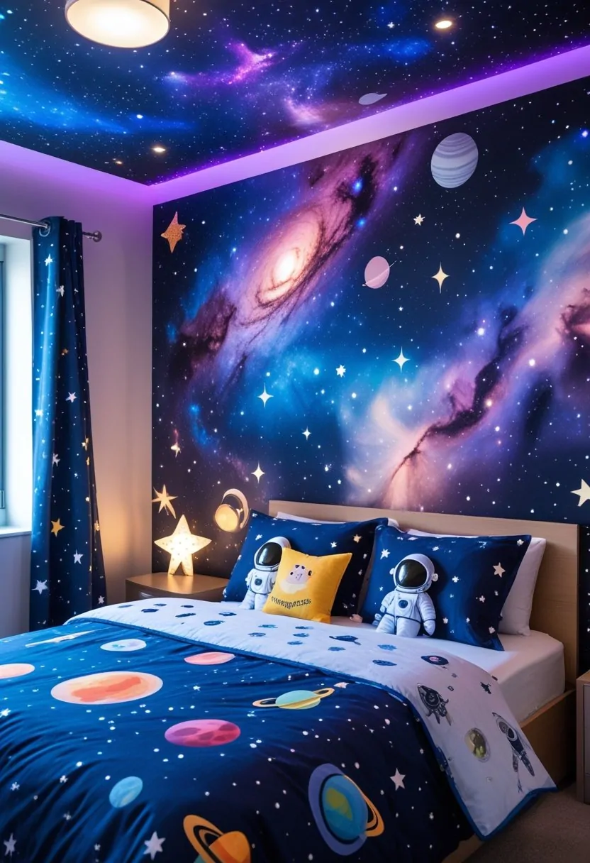 A children's bedroom decorated with a galaxy wall mural, space-themed bedding, and space-related accessories.