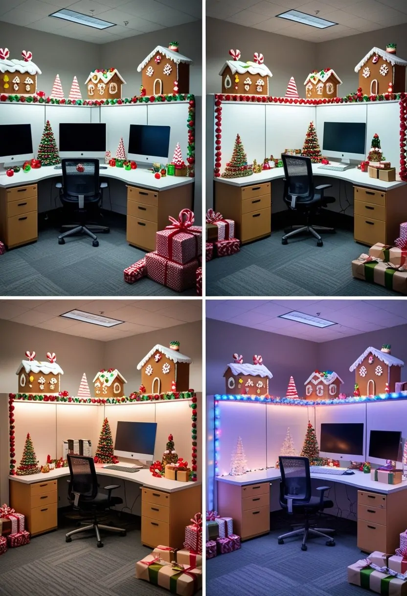A collage of four office cubicles decorated with gingerbread house-themed Christmas decorations, including candy canes, ornaments, lights, and festive holiday items.