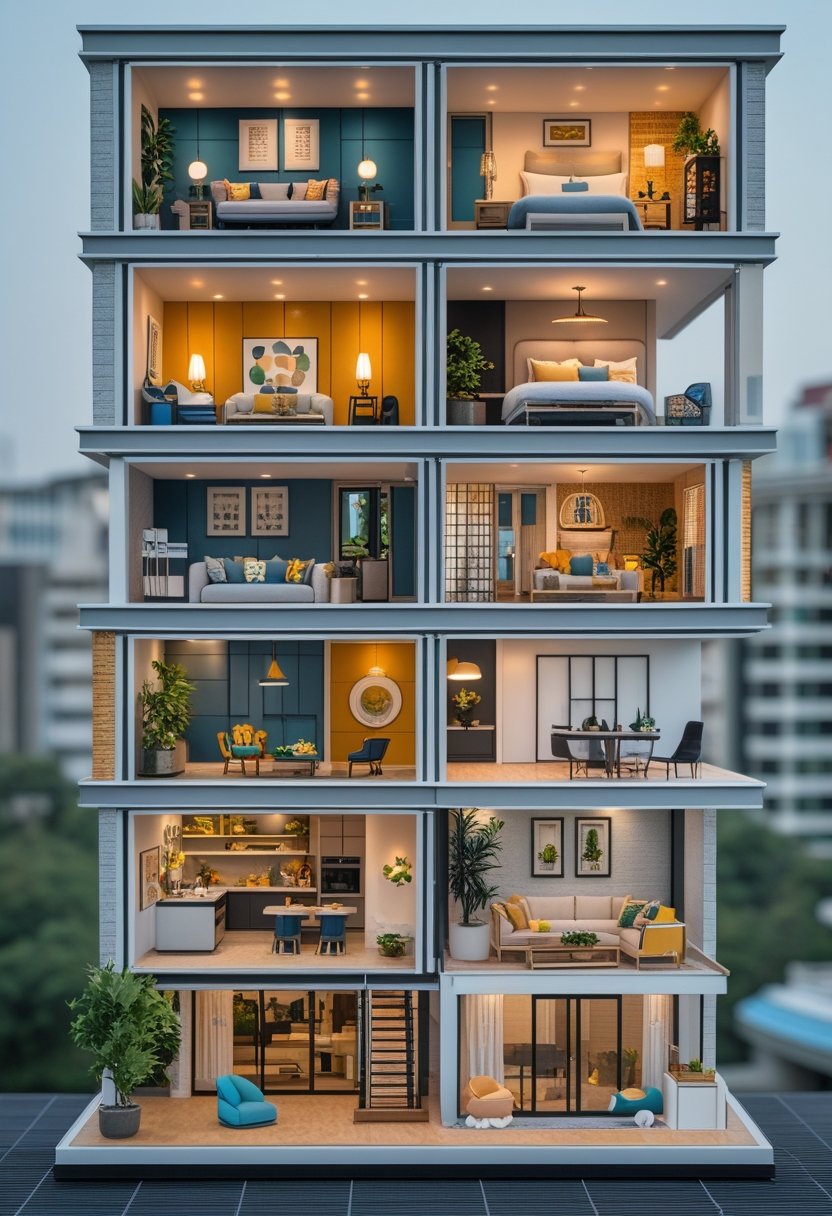 A multi-level miniature apartment with five distinct floors, each decorated with different furniture and living spaces.