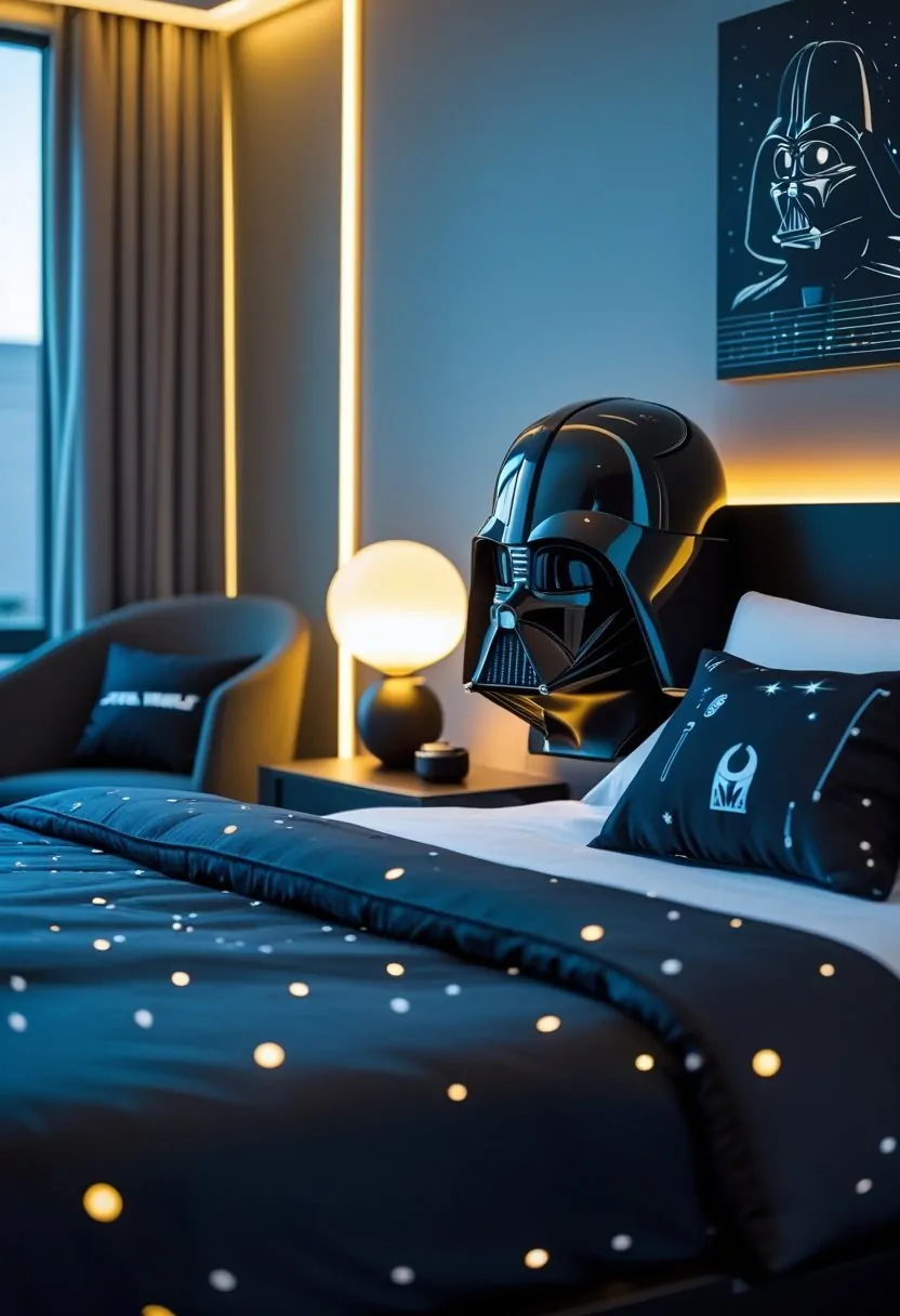 A modern bedroom with a Darth Vader helmet lamp on a bedside table, a neatly made bed, and Star Wars-themed decor.