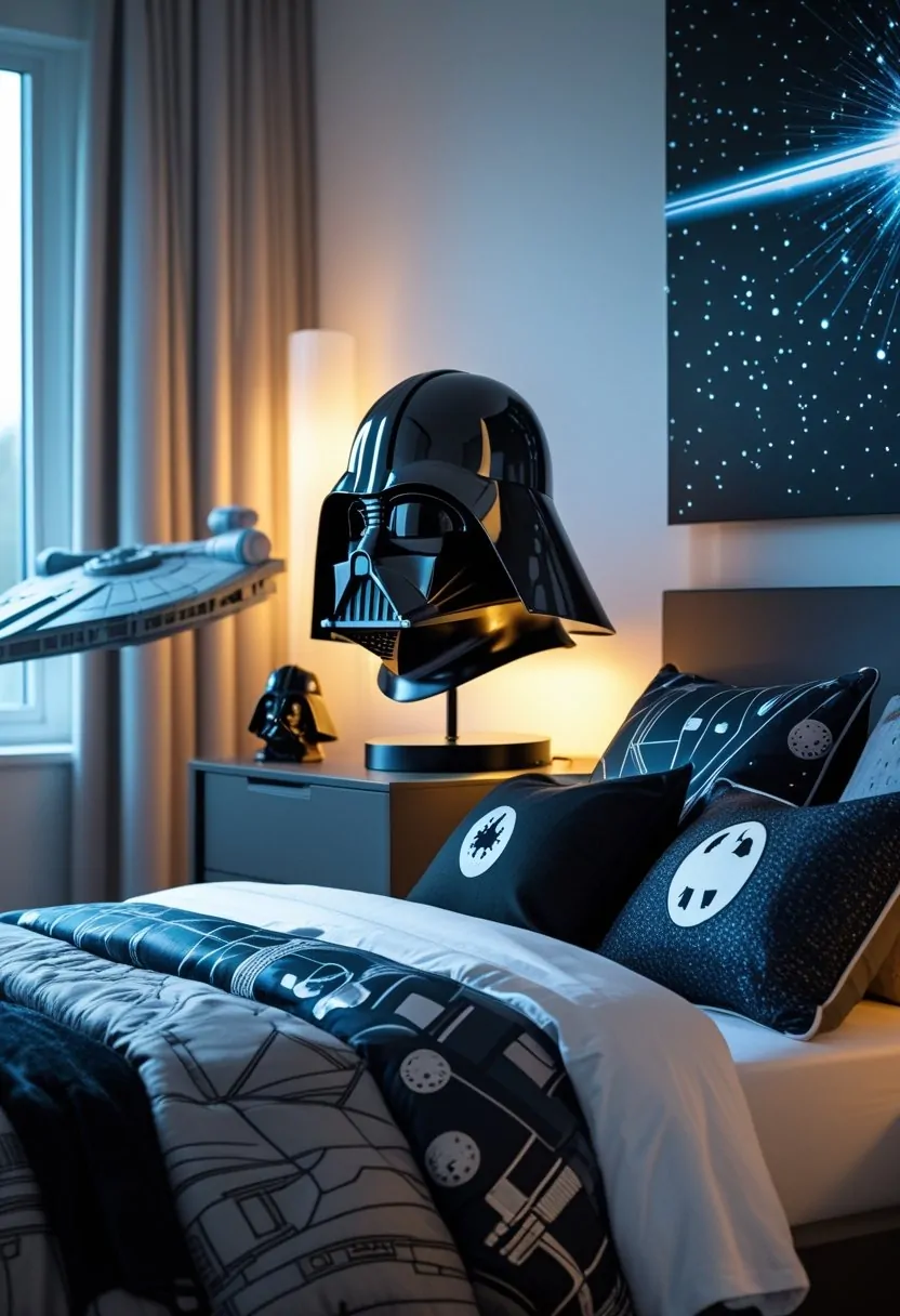 A bedroom with Star Wars-themed bedding and a Darth Vader helmet lamp glowing on a bedside table.